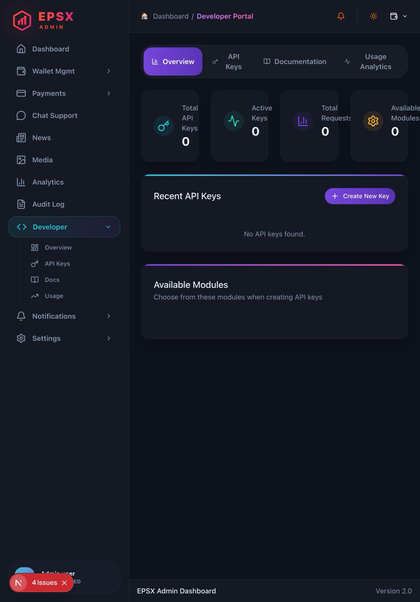 EPSX admin developer portal capture